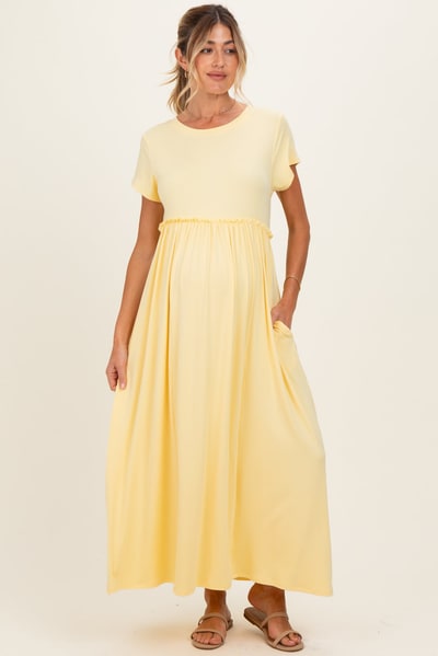 PinkBlush Soft Lemon Ruffle Trim Maternity Maxi Dress