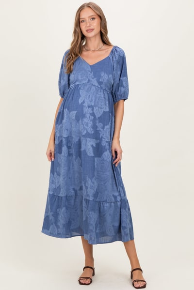 PinkBlush Blue Floral Textured Tiered Midi Maternity Dress