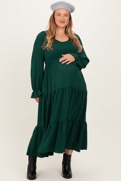 PinkBlush Forest Green Smocked Tiered Long Sleeve Plus Maternity Maxi Dress