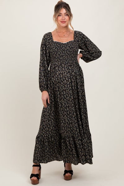 PinkBlush Black Floral Smocked Lace Trim Sweetheart Maternity Maxi Dress