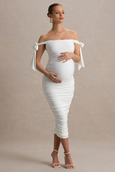 Club L London Chandelier | White Bardot Maternity Midi Dress With Bow Details