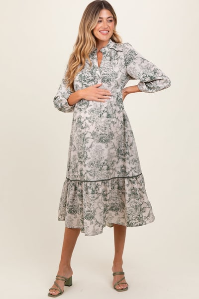 PinkBlush Forest Green Printed Split Ruffle Collar Maternity Midi Dress