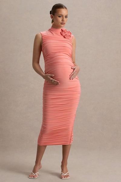 Club L London Shellie | Coral High-Neck Maternity Midi Dress With Corsage Detail