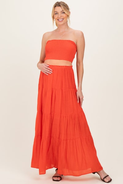PinkBlush Orange Smocked Tube Top Tiered Skirt Maternity Set