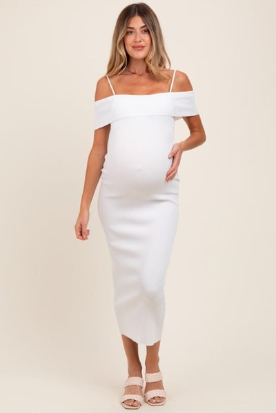 PinkBlush Ivory Rib Knit Off Shoulder Fitted Maternity Midi Dress