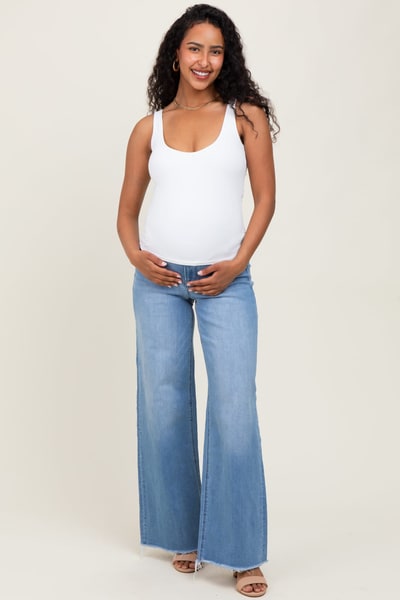 PinkBlush Medium Blue High Rise Frayed Hem Wide Leg Maternity Jeans
