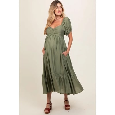 Target Pinkblush Olive Ruched Sweetheart Neck Tiered Maternity Midi Dress Medium