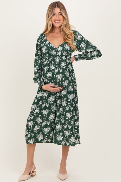PinkBlush Forest Green Floral Crossover Neckline Maternity Midi Dress