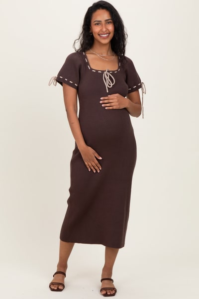 PinkBlush Brown Ribbed Knit Stitch Detail Maternity Midi Dress