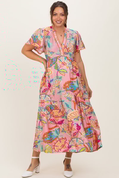 PinkBlush Pink Boho Print Lace Trim Tiered Maternity Midi Dress