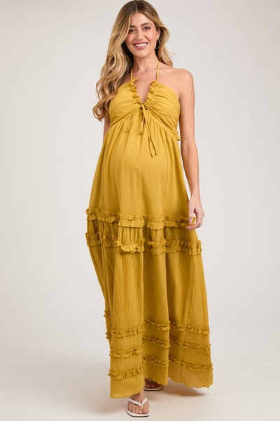 PinkBlush Yellow Ruffle Ruched Deep V-Neck Maternity Maxi Dress