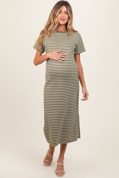 PinkBlush Olive Striped Short Sleeve Side Slit Maternity T-Shirt Midi Dress