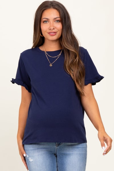PinkBlush Navy Ruffle Trim Short Sleeve Maternity T-Shirt