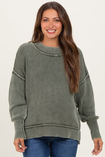 PinkBlush Olive Washed Side Slit Oversized Maternity Sweater