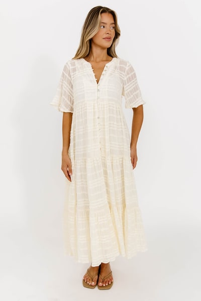 Worth Collective Kristin Tiered Woven Maxi Dress with Detachable Liner in Ivory - Bump Friendly