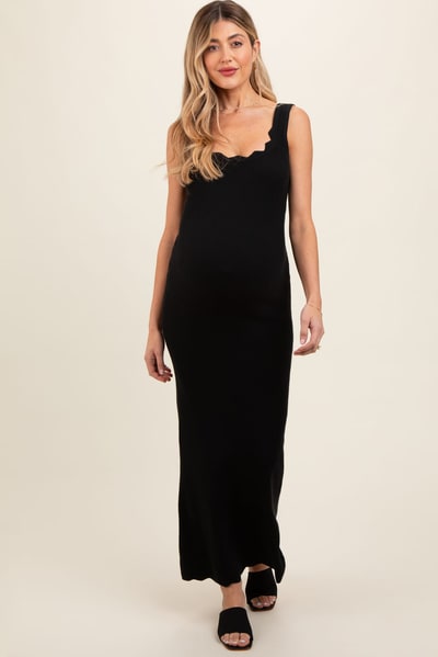 PinkBlush Black Ribbed Scalloped Neck Sleeveless Low Back Maternity Maxi Dress
