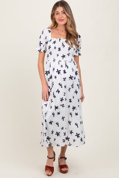 PinkBlush Ivory Floral Puff Sleeve Maternity Midi Dress