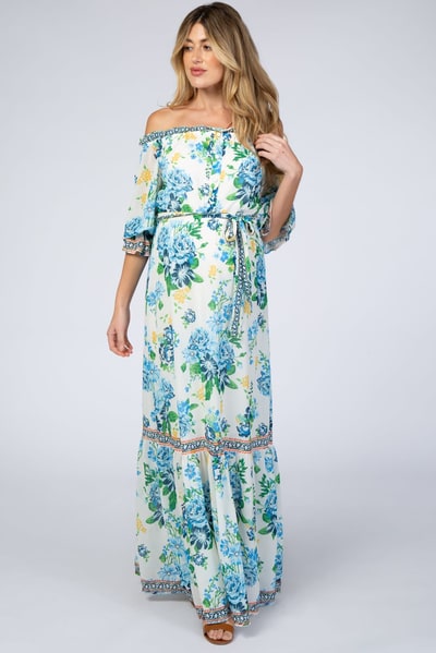 PinkBlush Ivory Floral Off Shoulder Maternity Maxi Dress