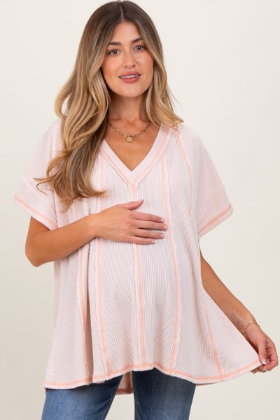 PinkBlush Peach Striped Ribbed V-Neck Oversized Short Sleeve Maternity Top