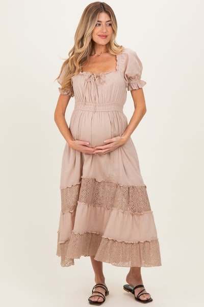 PinkBlush Taupe Lace Contrast Paneled Maternity Maxi Dress
