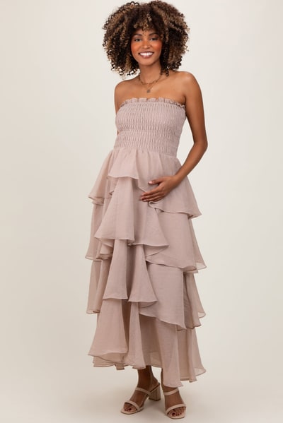 PinkBlush Beige Layered Maternity Maxi Dress