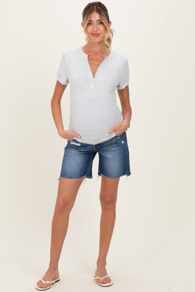 PinkBlush Navy Distressed Frayed Hem Midi Maternity Jean Shorts