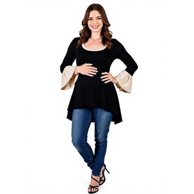 Target 24seven Comfort Apparel Maternity Black and Beige Bell Sleeve Hi Low Tunic Top-Black-XL