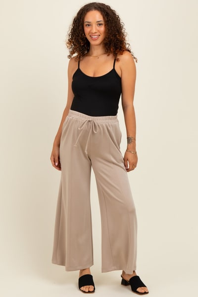 PinkBlush Beige Drawstring Wide Leg Maternity Pants