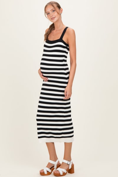 PinkBlush Black Striped Square Neck Sleeveless Knit Maternity Midi Dress