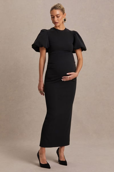 Club L London Luna | Black Crew-Neck Maternity Midi Dress With Puff-Sleeves