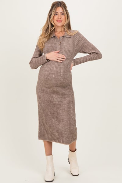 PinkBlush Mocha Striped Rib Knit Maternity Polo Sweater Dress
