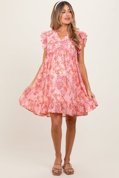 PinkBlush Pink Floral Chiffon Ruffle Short Sleeve Maternity Dress