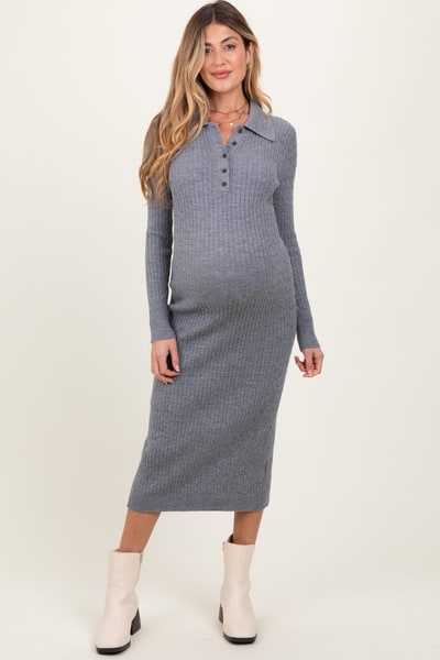 PinkBlush Heather Grey Cable Knit Button Up Maternity Midi Dress