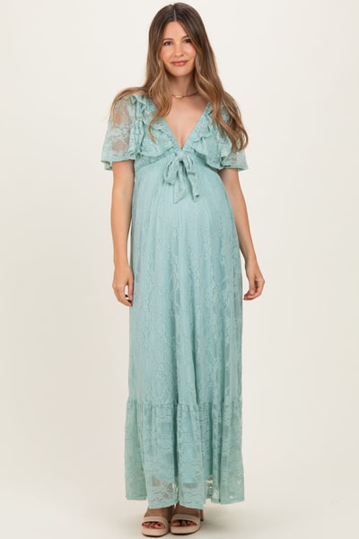 PinkBlush Sage Aqua Lace Flutter Sleeve Tiered Maternity Maxi Dress