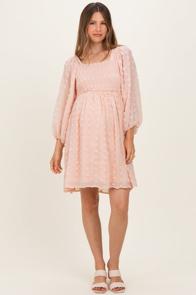 PinkBlush Peach Textured Dot Smocked Square Neck Chiffon Maternity Dress