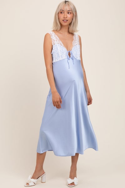 PinkBlush Light Blue Satin Lace Side Slit Maternity Slip Dress