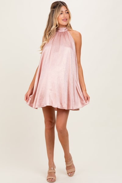 PinkBlush Light Pink Textured Satin Bow Tie Maternity Mini Dress