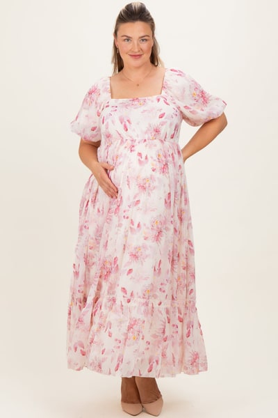 PinkBlush Red Floral Puff Sleeve Plus Maternity Maxi Dress