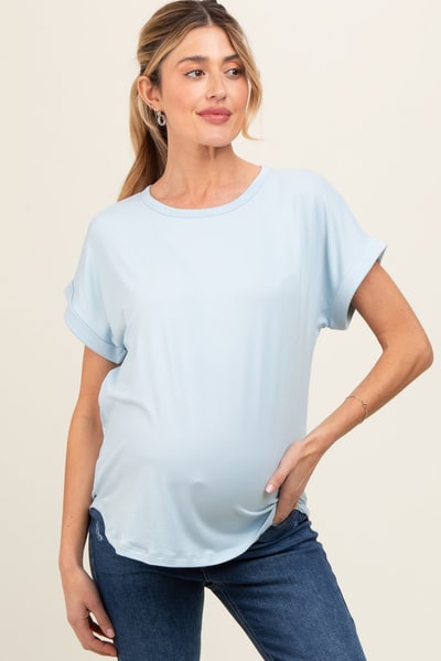 PinkBlush Light Blue Rolled Cuff Maternity Short Sleeve Top