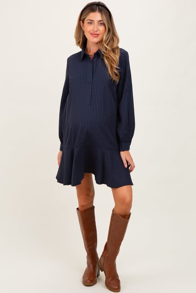 PinkBlush Navy Striped Long Sleeve Drop Waist Maternity Polo Dress