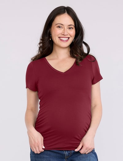 Motherhood Maternity Side Ruched Short Sleeve V-Neck  Maternity Tee