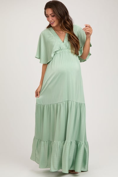 PinkBlush Mint V-Neck Flutter Sleeve Tiered Maternity Maxi Dress
