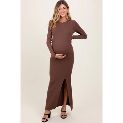 Target Pinkblush Mocha Ribbed Knit Long Sleeve Side Slit Maternity Maxi Dress Small