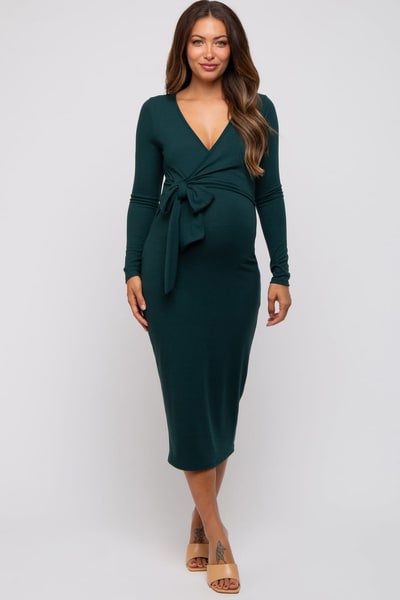 PinkBlush Forest Green Ribbed Long Sleeve Maternity Wrap Dress
