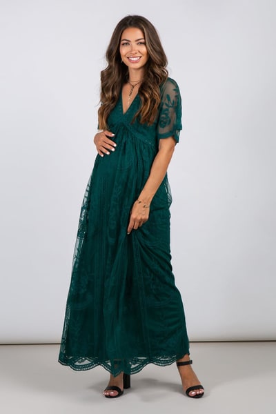 PinkBlush Forest Green Lace Mesh Overlay Maternity Maxi Dress