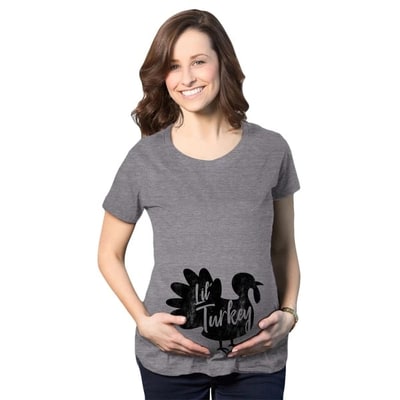 Target Maternity Lil Turkey T Shirt Funny Thanksgiving Pregnancy Tee - Crazy Dog Maternity T Shirt for Thanksgiving Dark Grey S