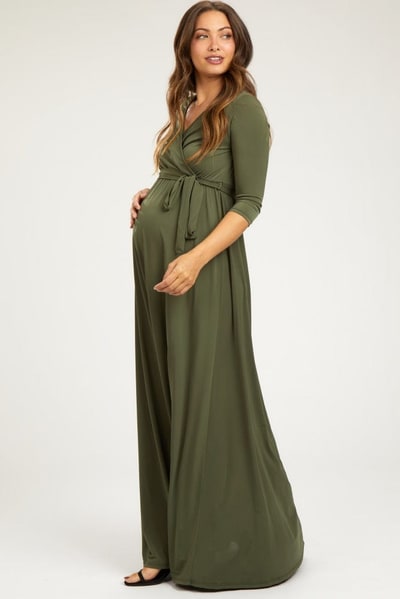 PinkBlush PinkBlush Olive Green Draped 3/4 Sleeve Maternity Maxi Dress