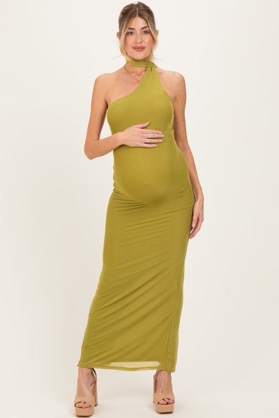 PinkBlush Moss Mesh Overlay Halter Maternity Maxi Dress