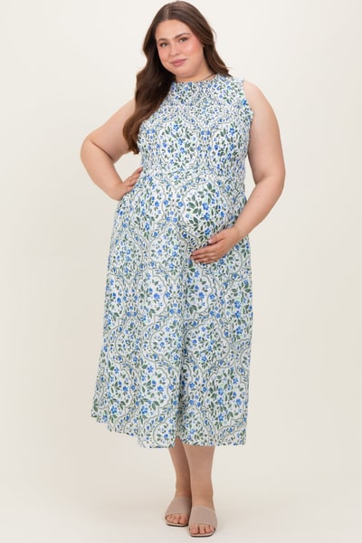 PinkBlush Blue Floral Smocked Sleeveless Maternity Plus Midi Dress