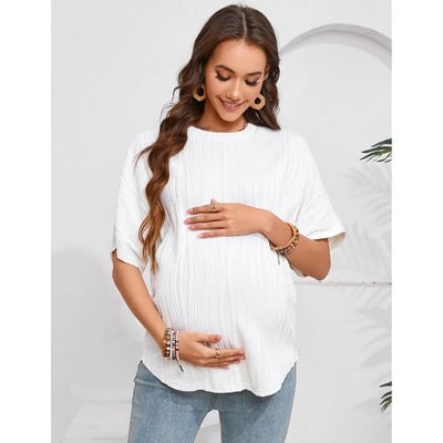 Target Coolmee Women's Maternity Shirts Casual Breathable Loose Textured Raglan Short Sleeve Shirt Crew Neck Spring Summer Pregnancy Tops M White